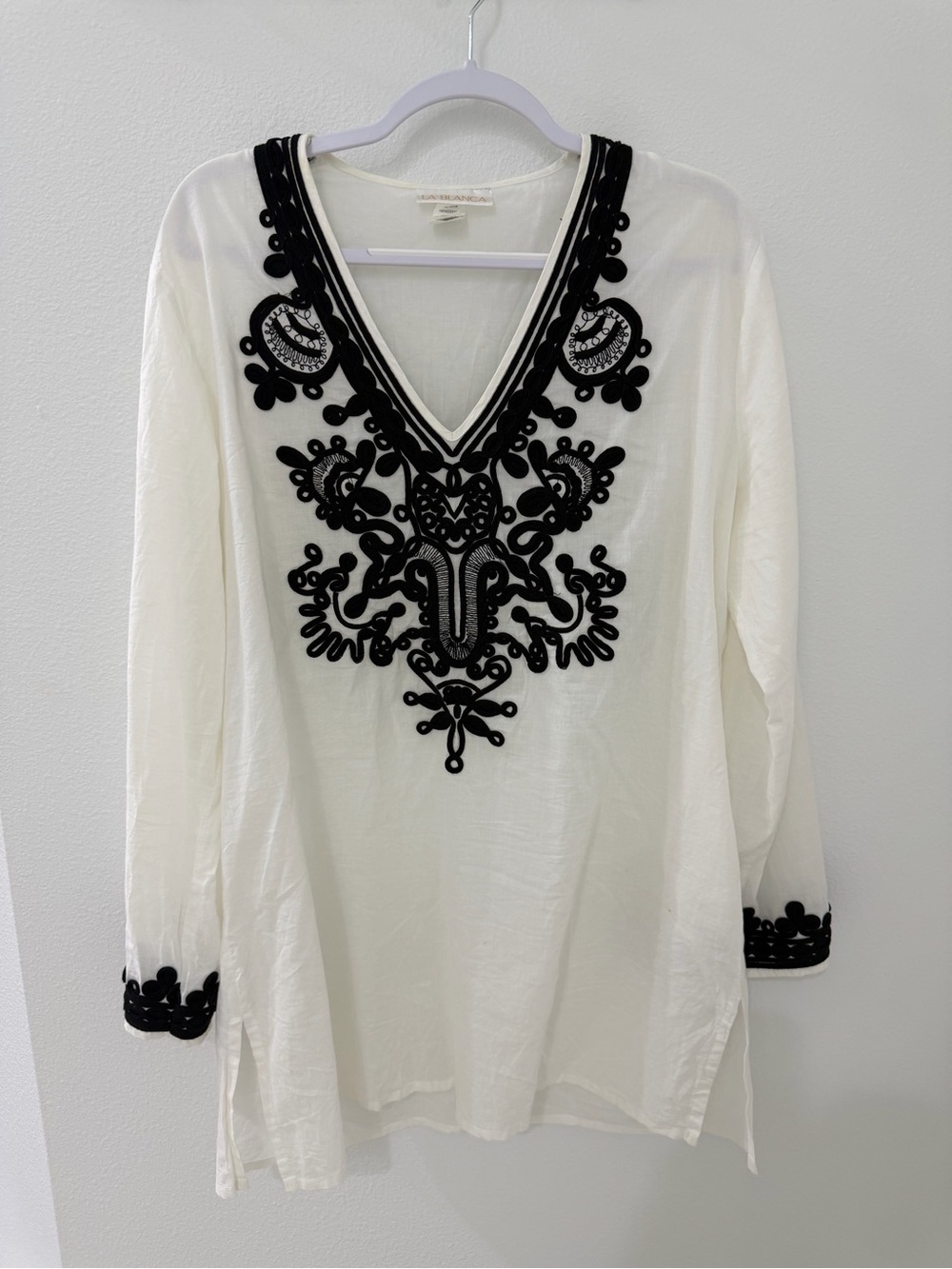 La Blanca White Tunic Coverup with Black Embroidery